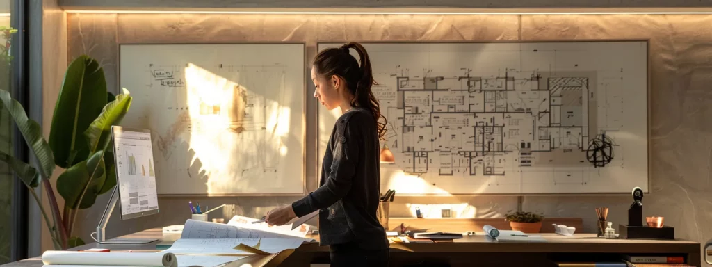 a modern, well-lit office workspace showcases a focused renovation specialist reviewing detailed blueprints and 3d models on a large screen, emphasising their expertise in transforming home interiors with precision and creativity.