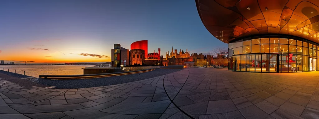 a panoramic view of cardiff bay at dusk, showcasing the illuminated wales millennium centre and the majestic cardiff castle against a vibrant twilight sky, emphasising the harmonious blend of innovative architecture and rich historical heritage.