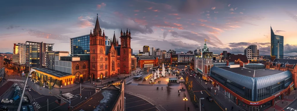 a panoramic view of cardiff&rsquo;s architectural skyline, showcasing a rich tapestry of gothic revival, victorian, and contemporary buildings, all set against a vibrant urban backdrop under dramatic evening lighting.