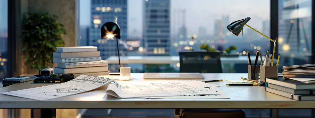 a polished office workspace features a sleek desk adorned with detailed architectural drawings and planning documents for a two-storey extension, illuminated by bright, even lighting from a large window overlooking an urban skyline.