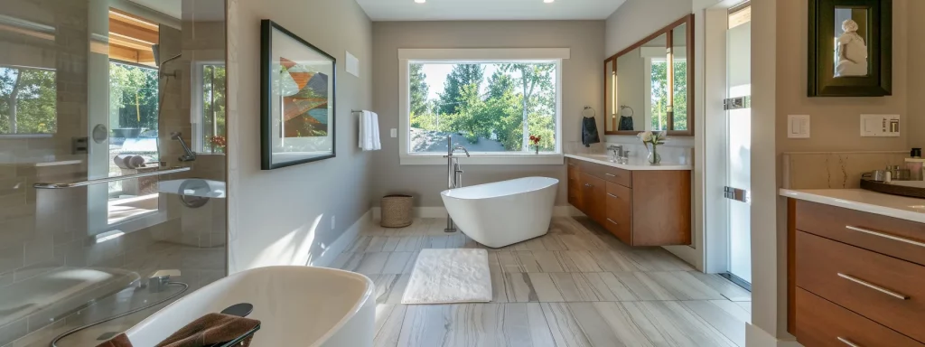 a sleek, modern bathroom featuring a luxurious freestanding tub, elegant fixtures, and energy-efficient amenities, all designed to evoke a spa-like atmosphere and enhance market appeal.