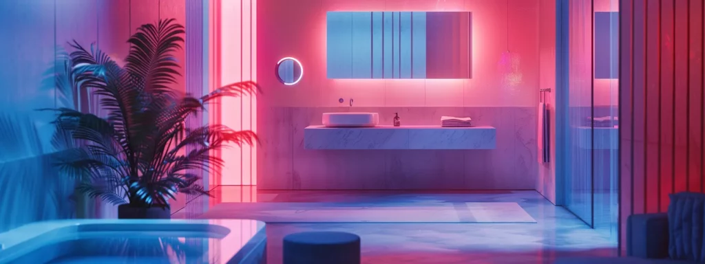 a sleek, modern interior showcasing a digitally enhanced bathroom design displayed through augmented reality on a tablet, with vivid 3d visuals transforming the space around a stylish vanity and elegant fixtures.