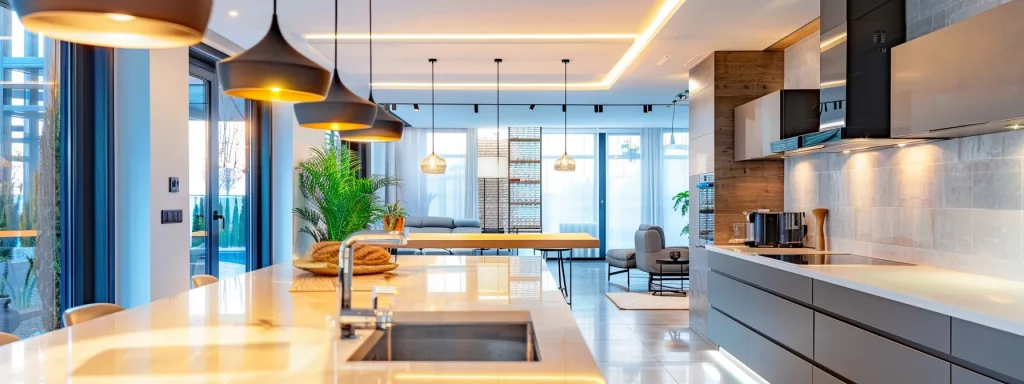 a sleek, modern kitchen extension showcasing innovative architectural design, complete with stylish cabinetry and an open-plan layout that enhances space utilisation, illuminated by ambient lighting against a backdrop of technical blueprints and renovation plans.