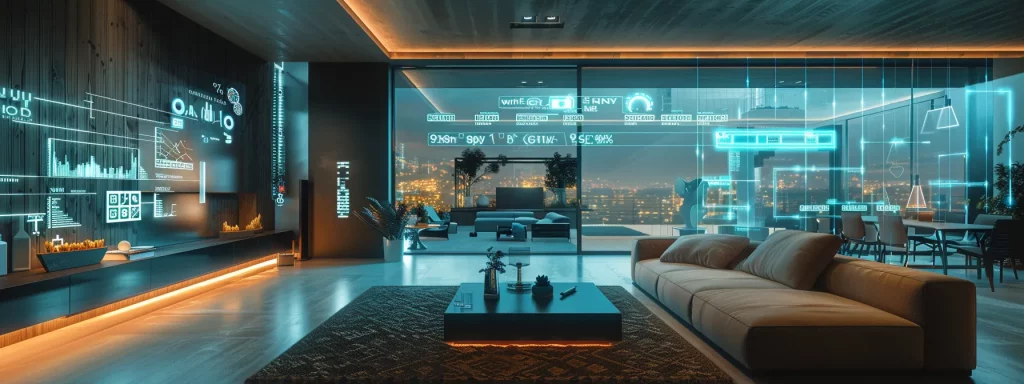 a sleek, modern living room adorned with augmented reality interfaces showcasing interactive smart technology, blending seamlessly with elegant, minimalist furniture and ambient lighting to create a futuristic home environment.