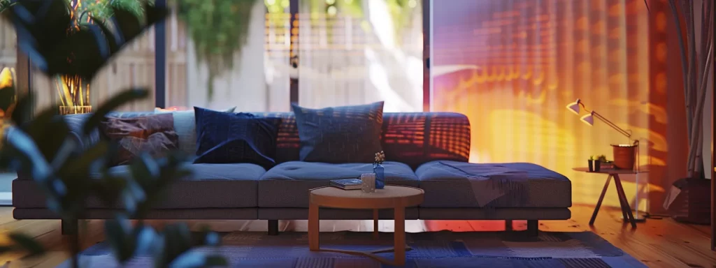 a sleek, modern living room is transformed with vibrant augmented reality overlays showcasing various design options and configurations, emphasising the innovative use of technology in home renovation.