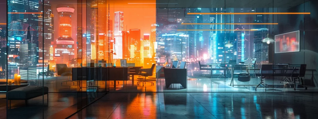 a sleek, modern manchester office showcases a vibrant augmented reality presentation of a stylish home renovation, highlighting jamatek's innovative design solutions and budget-friendly options amidst a futuristic urban backdrop.