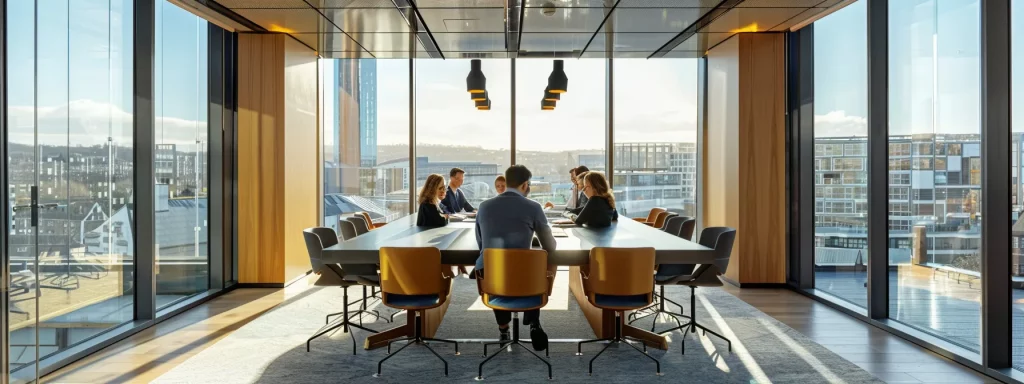 a sleek, modern office environment in cardiff, featuring a large conference table surrounded by professionals reviewing architectural plans for new build houses, with a cityscape visible through the floor-to-ceiling windows.