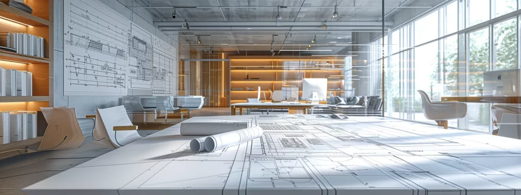 a sleek, modern office meeting space is filled with attentive professionals engaged in a discussion, with blueprints and design samples spread across a polished table, highlighting the critical considerations in hiring expert home remodelers.