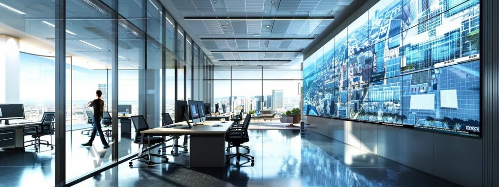 a sleek, modern office setting showcases a high-tech computer screen displaying intricate building plans and zoning maps, with a professional consultant engaged in a virtual reality simulation, illustrating the importance of compliance with local building regulations.