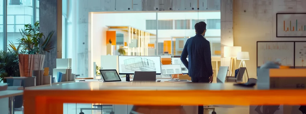 a sleek, modern office space is filled with architectural blueprints and digital tablets, where a professional team engages in a vibrant discussion about project timelines and strategies for a home extension, emphasising collaboration and effective planning.