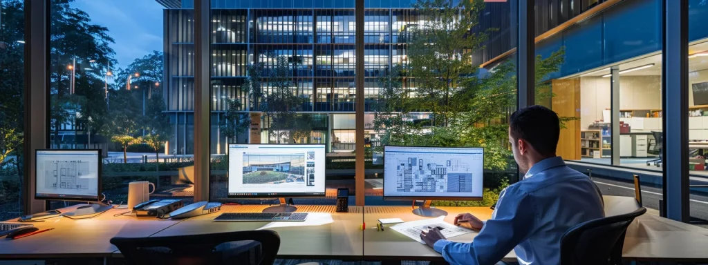 a sleek, modern office space featuring an architectural technologist engaging with clients over detailed blueprints and digital designs, illuminated by contemporary lighting to showcase innovative alternatives to traditional architectural services.