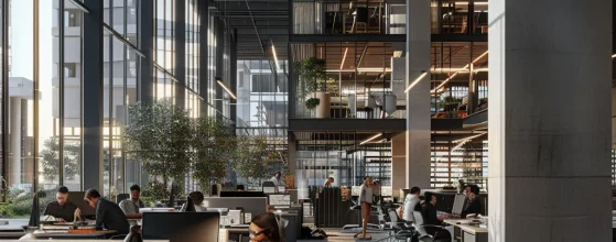 a sleek, modern office space is bustling with architects collaborating over detailed blueprints and 3d models of home extensions, illuminated by bright overhead lights and showcasing a dynamic blend of creativity and professionalism.