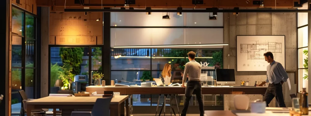 a sleek, modern office space showcases architects and homeowners engaged in a dynamic discussion over blueprints and plans for home extensions, illuminated by a blend of ambient and task lighting that highlights their collaborative planning efforts.