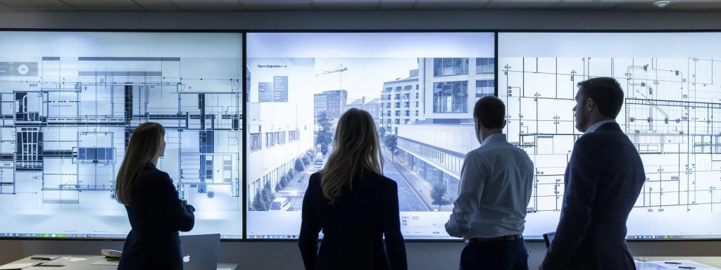 a sleek, modern office space showcases a team of professionals meticulously reviewing large architectural plans on digital screens, highlighting the precision and attention to detail required to avoid costly application documentation errors.