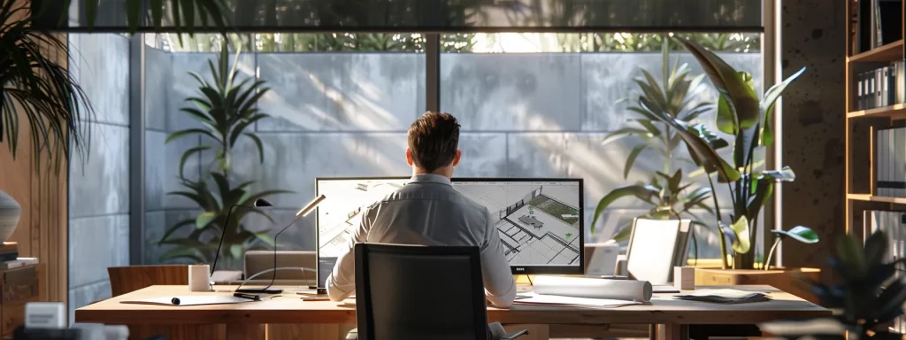 a sleek office environment showcases an architect meticulously reviewing blueprints for a garage conversion project, surrounded by planning documents and digital renderings, highlighting the importance of obtaining planning permission.