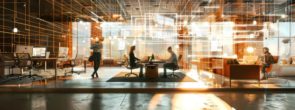 a sophisticated urban office space vibrantly showcases professionals engaged in a dynamic augmented reality meeting, where digital design blueprints float in mid-air, allowing for real-time collaboration and creative customisation of dream home projects.