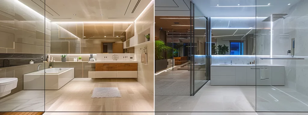 a striking before-and-after visual comparison of a freshly remodeled bathroom featuring a sleek tub-to-shower conversion, set against a modern office backdrop where homeowners are engaged in discussions about successful renovation strategies.