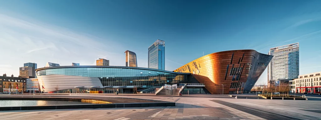 a striking urban skyline of cardiff features a blend of cutting-edge, sustainable architecture, showcasing sleek, modern buildings with innovative designs that embody the city's artistic and disciplined commitment to contemporary urban development.