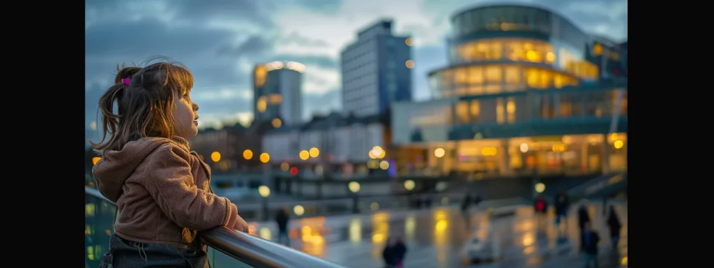 a stunning panoramic view of cardiff's innovative skyline, showcasing a blend of modern architectural designs amidst a bustling urban environment, illuminated by soft evening lights reflecting off the glass facades.