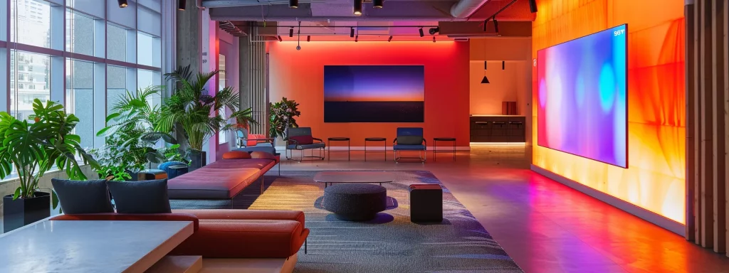 a vibrant, high-tech interior design studio brimming with virtual reality displays and interactive augmented reality interfaces, where enthusiastic designers collaborate and visualise their dream homes in a sleek, modern workspace.