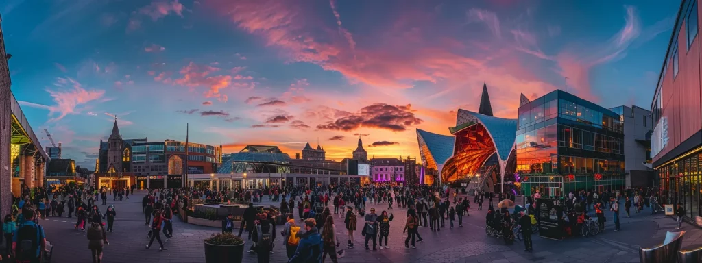 a vibrant urban scene during a cultural festival in cardiff, featuring crowds exploring striking architectural landmarks, with innovative designs illuminated against a twilight sky, conveying the city's rich architectural heritage and dynamic future vision.
