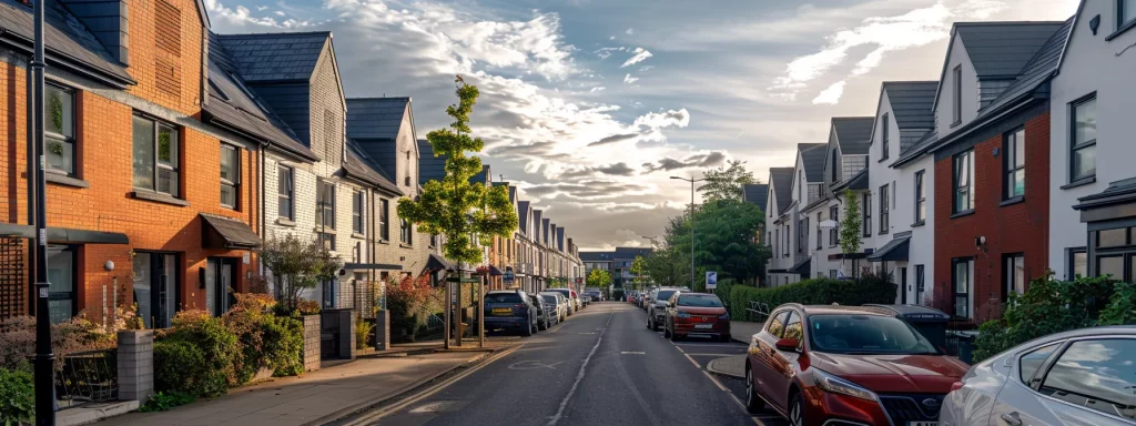 a vibrant urban street in cardiff showcases a variety of new build homes, including sleek modern flats and charming semi-detached houses, reflecting contemporary architectural styles and eco-friendly designs against a bustling city backdrop.