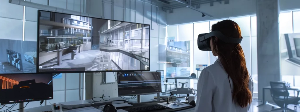 an elegantly modern office environment features a large, immersive vr setup where architects and clients collaboratively explore a detailed virtual model of a futuristic building, highlighting cutting-edge ai technology in action.