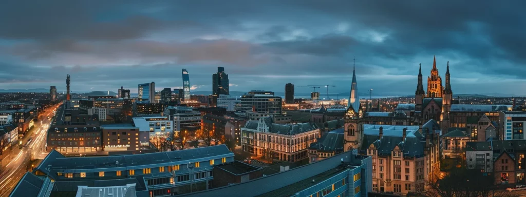 an expansive urban skyline of cardiff showcases a striking blend of historical landmarks like llandaff cathedral alongside sleek modern architecture, illuminated under a dramatic evening sky, reflecting the city's rich architectural evolution.