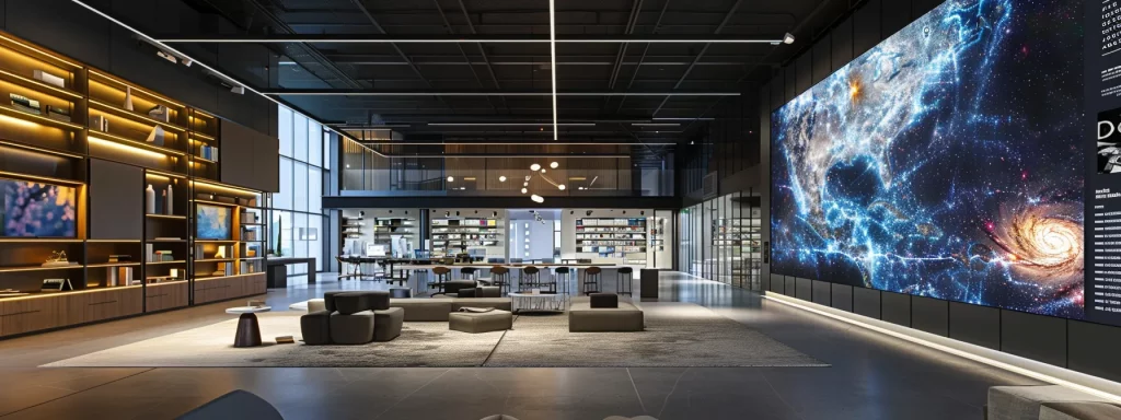 an innovative interior design workspace is illuminated by sleek overhead lighting, showcasing a large interactive screen displaying dynamic ar overlays of customised living space transformations, including multi-functional furniture arrangements and stylish carpet options, all within a modern urban office setting.