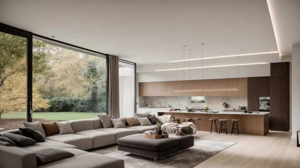 a contemporary home interior showcases a stylish basement remodel with sleek ceramic tiles, comfortable furnishings, and elegant plasterwork, emphasising the transformation of unused space into a modern, functional living area.