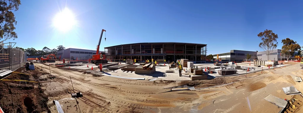 a dynamic construction site bustling with skilled builders orchestrating the assembly of a modern structure, surrounded by blueprints, machinery, and scaffolding under clear skies, emphasising the meticulous coordination and problem-solving inherent in the construction phase.