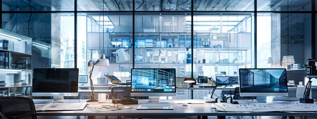 a modern architect's office filled with large-scale blueprints and sleek design models, showcasing a bright workspace where the architect is strategically planning a project while surrounded by innovative materials and digital screens displaying 3d renderings.