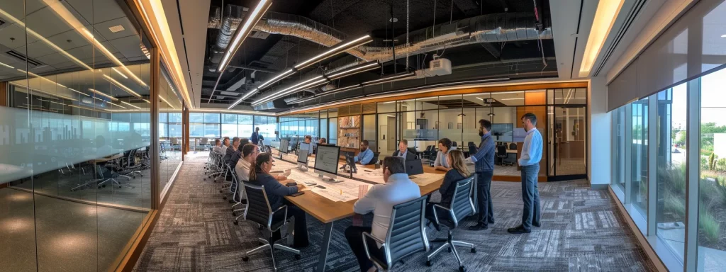a modern office setting showcases a collaborative meeting space filled with diverse professionals discussing blueprints and digital models, highlighting innovative alternatives in construction approaches.