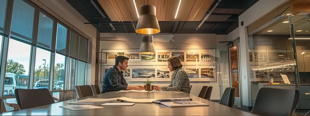 a modern office space features a sleek conference table adorned with architectural portfolios and contractor quotes, as two professional individuals engage in a focused discussion, illuminated by bright overhead lighting that highlights the significance of thoughtful decision-making in selecting the right builder or architect.