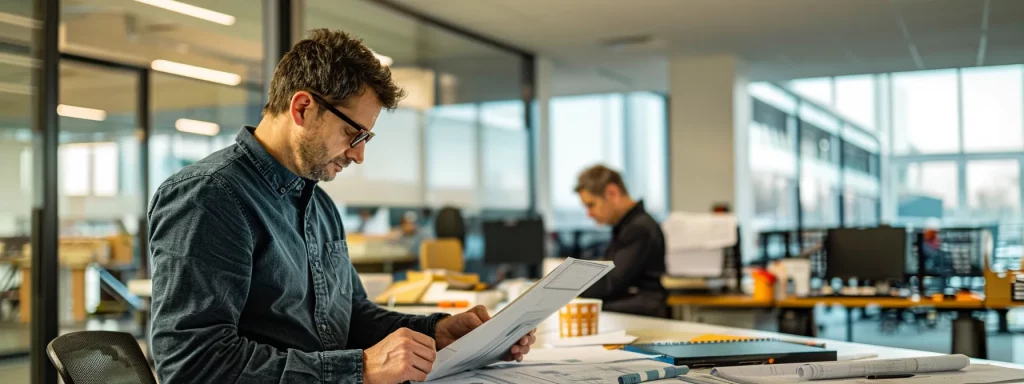 a sleek, contemporary office space showcases an architect reviewing intricate blueprints on a digital tablet while a builder examines construction materials nearby, highlighting their distinct yet complementary roles in the design and construction process.