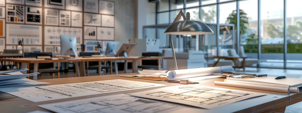 a sleek, modern office space features a polished conference table surrounded by architects&rsquo; blueprints and builders&rsquo; pricing sheets, with a spotlight illuminating a detailed cost comparison chart displayed on a digital screen, highlighting the nuances of fee structures and potential savings.