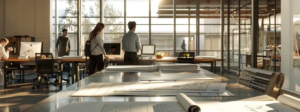 a sleek, modern office space features a collaborative discussion area where a diverse group of professionals examine architectural blueprints and construction plans, highlighting the thoughtful assessment of project needs and suitability for builders or architects.