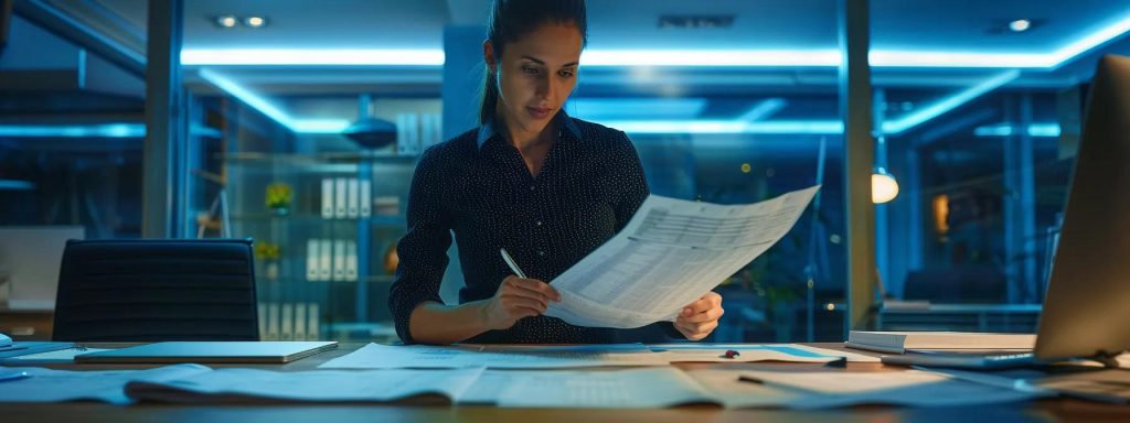 a confident homeowner reviews a detailed project management plan and transparent fee structure in a modern, sleek office, illuminated by ambient lighting, emphasising the importance of clear financial understanding in architectural projects.