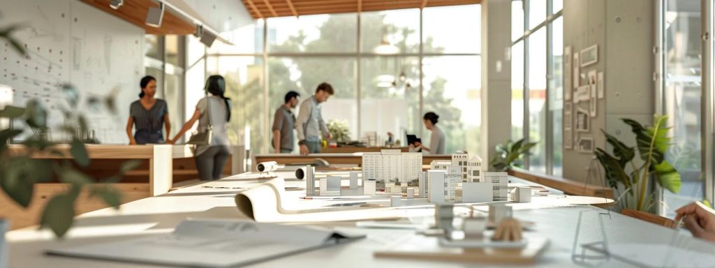 a contemporary cardiff architectural office setting featuring a diverse team of architects engaged in a collaborative discussion, surrounded by digital design tools, blueprints, and models, highlighting a focus on sustainable practices and innovative design concepts.