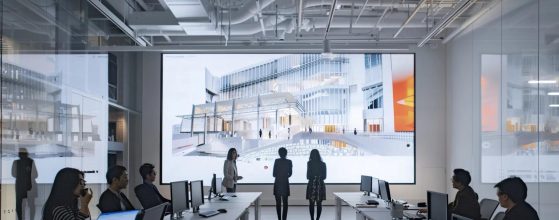 a contemporary office space features a large, high-resolution screen displaying an immersive vr architectural walkthrough, surrounded by focused architects engaged in animated discussions, capturing the essence of innovation in design collaboration.