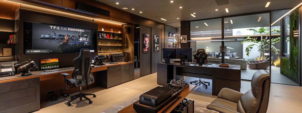 a contemporary, sleek interior showcasing a multifunctional living space, seamlessly integrating a stylish home office, workout area, and creative studio, all bathed in warm artificial lighting to emphasise the thoughtful, custom design tailored for modern living.