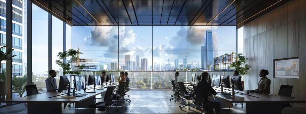 a cutting-edge architectural studio filled with large screens displaying immersive vr walkthroughs, showcasing intricate 3d models as a diverse team collaborates eagerly around a sleek conference table.