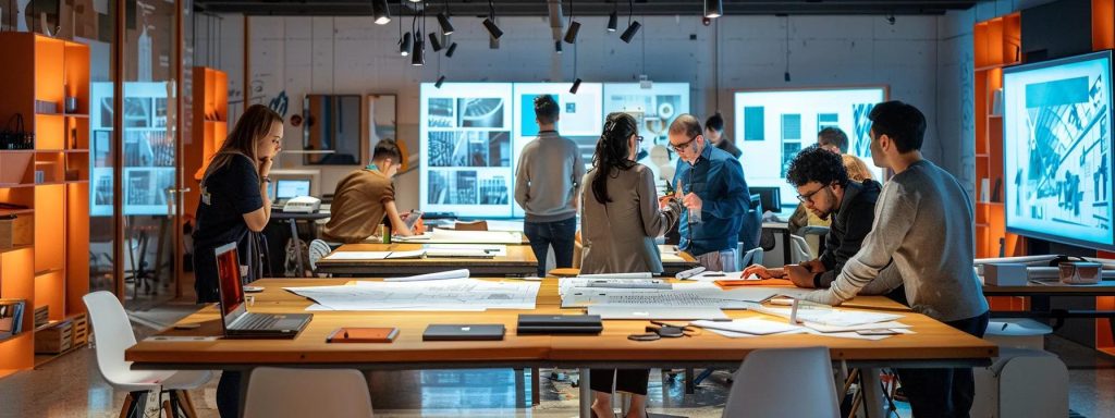 a dynamic design studio workspace, filled with sleek drafting tables, 3d models, and digital screens displaying intricate blueprints, showcases a collaborative team engaged in a vibrant brainstorming session, illuminated by modern pendant lighting.