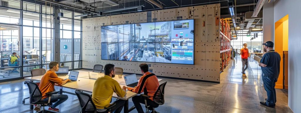 a dynamic office environment showcases a diverse group of construction professionals collaboratively engaging with advanced ai design software on sleek screens, highlighting the transformation in construction project management and execution.
