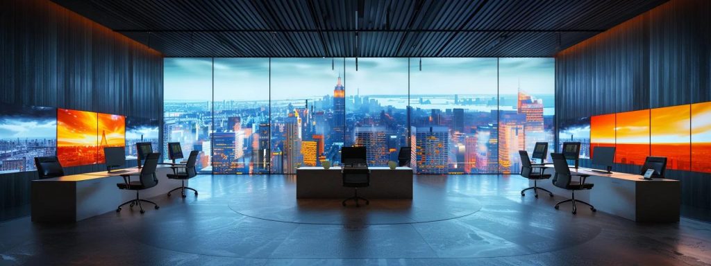 a dynamic office interior showcases advanced 3d visualisation technology, with a vibrant digital display of immersive architectural models, allowing clients to explore intricate designs and spatial layouts in a sleek, modern environment.