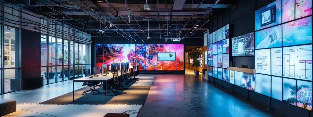 a dynamic office space showcasing a cutting-edge virtual reality design environment where a diverse team collaborates on an architectural project, surrounded by digital screens displaying immersive 3d models and innovative design solutions.