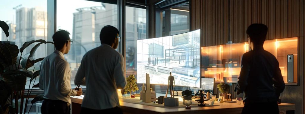 a dynamic urban office setting showcases a collaborative team of architects and planners engaging around a digital screen, intensely discussing a vr walkthrough model of innovative interior designs and urban layouts, illuminated by sleek, contemporary lighting.