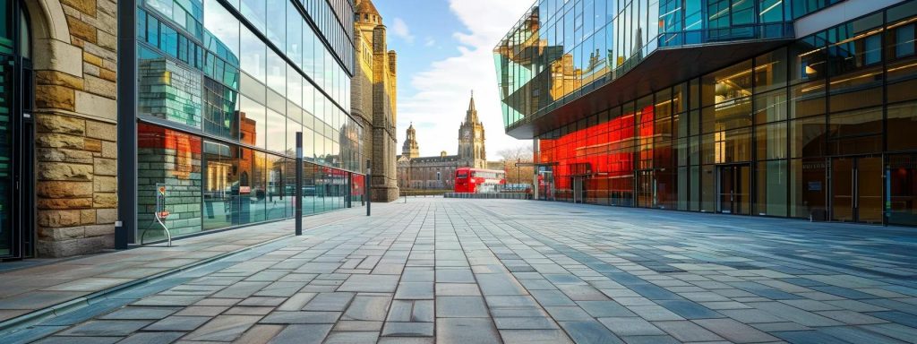 a dynamic urban setting featuring a striking juxtaposition of cardiff's historical stone architecture alongside sleek, modern glass structures, capturing the essence of a harmonious blend between traditional craftsmanship and innovative design techniques.