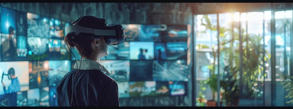 a futuristic architectural office environment showcases architects immersed in virtual reality headsets, surrounded by digital models and interactive holograms, vividly illustrating the transformative impact of vr and ar on architectural design and collaboration.
