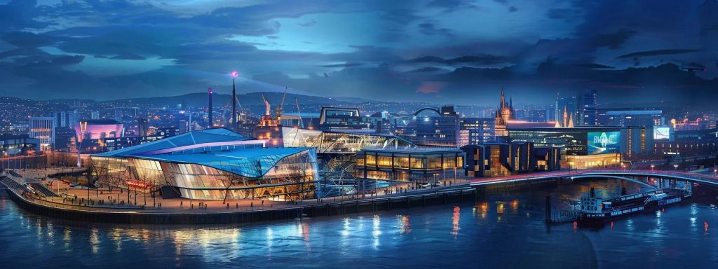 a futuristic cityscape of cardiff showcases innovative modular architecture with sleek glass fa&ccedil;ades and smart technology integrations, illuminated by dynamic lighting that reflects the seamless blend of ecology and digital precision.